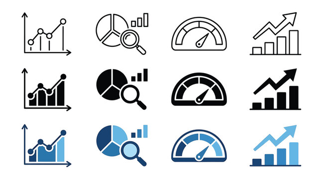 Set of business and finance icons, including line charts, pie charts with magnifying glass, speedometers, and growth bar graphs with arrows, vector illustration