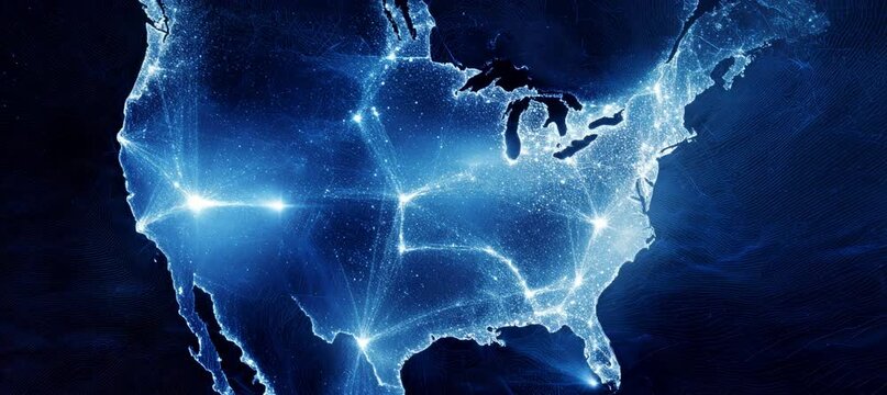 USA map with digital smart network effect. Wireless internet cyber connection. Generative video AI technology.