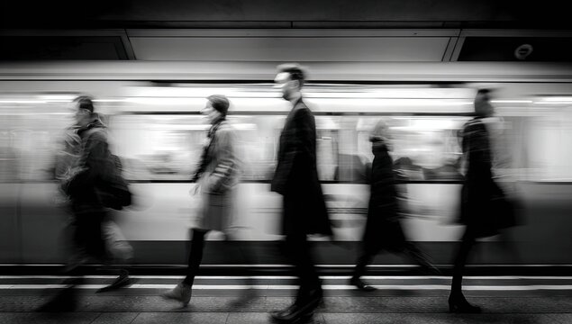 Blurred motion of commuters on a platform as a train passes by
