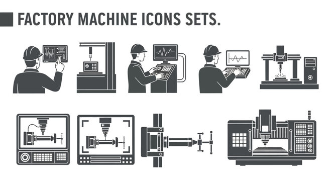 Collection of Industrial Machine and Automation Icons for Manufacturing and Technology