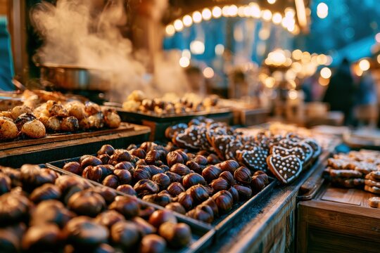 Weihnachtsmarkt-Essensstand mit ger&ouml;steten Maronen und Lebkuchenherzen, festliche Atmosph&auml;re