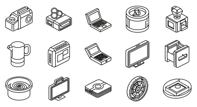 Collection of Isometric Icons Representing Electronic Devices and Appliances