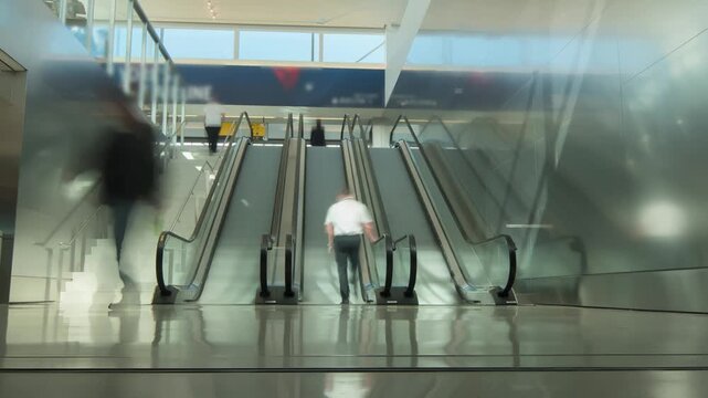 Time lapse footage of busy airport terminal showing passengers moving on escalators for travel and transport.