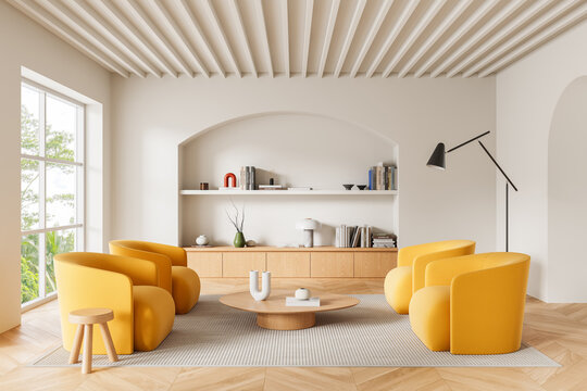Bright modern interior with yellow armchairs, minimalist architecture elements and wooden accents in cozy living room design. 3D Rendering