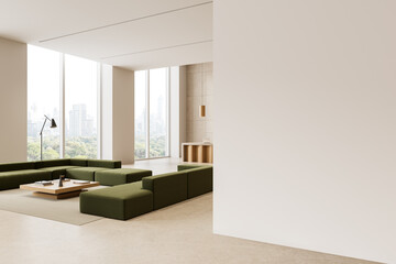 Fototapeta premium Modern interior lounge with empty wall mockup in spacious architecture design featuring green seating, large windows, city view and minimalist concept template. 3D Rendering