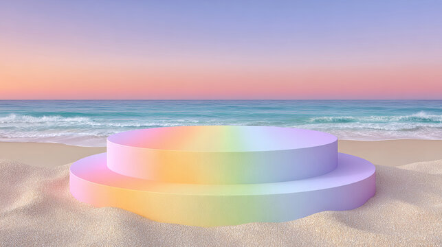 A two-tiered circular podium with a pastel rainbow gradient sits on a sandy beach, overlooking a calm ocean under a soft pink and purple sunset sky.