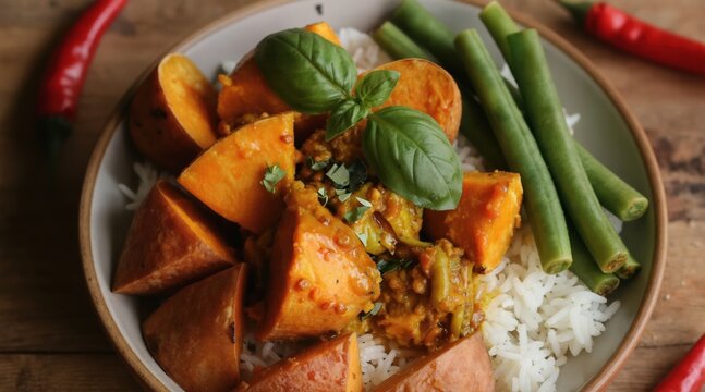 Sweet potato curry with rice and green beans garnished with basil. A vibrant dish featuring chunks of orange sweet potato, fluffy white rice, and crisp green beans. Red chilies add a hint of spice.