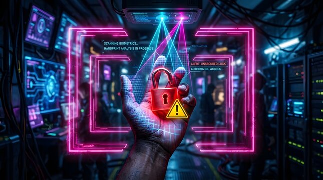 Cybersecurity breach concept handprint scan with unsecured lock and data center servers in background