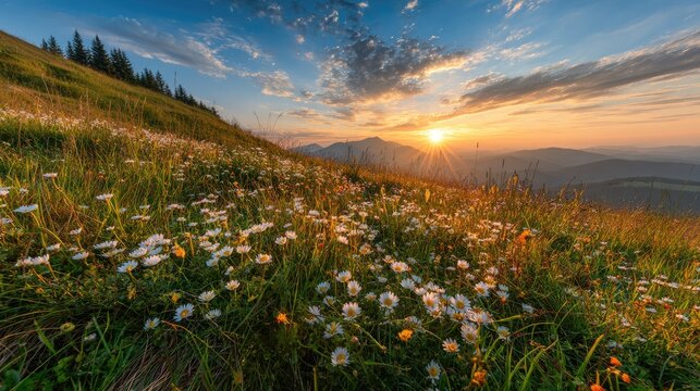 Golden hour sun dips below mountains, illuminating wild daisies on a grassy slope
