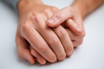 Fototapeta premium Close-up view of interlocked hands resting on a white surface, showing skin texture