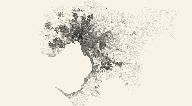 City street map of Melbourne, Australia, in black and light beige. High resolution full frame minimalist poster style road map or urban street plan of Melbourne. Vintage look.