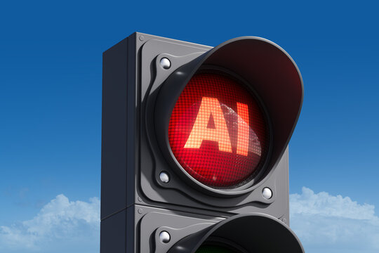 Red traffic signal displaying AI warning symbol against clear sky highlighting modern technology caution and concept of limitation. 3D Rendering