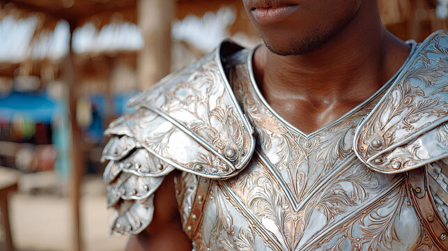Close-up of person wearing ornate,silver-colored plate armor with intricate floral engravings.The armor features layered pauldrons (shoulder guards),V-shaped breastplate,set against blurred background