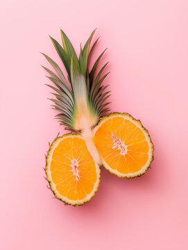 Surreal pineapple sliced open with orange citrus flesh on a pink background. Vibrant tropical fruit concept for advertising, branding, and summer food campaigns.