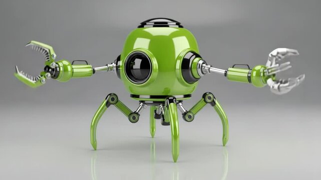 Small, green, spiderlike robot with claws and camera