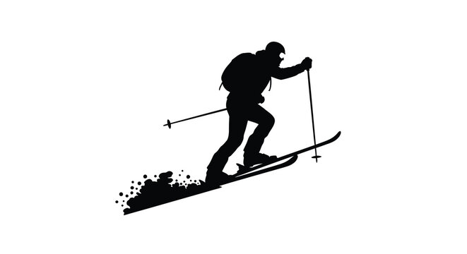 Skier with backpack and poles in action black silhouette