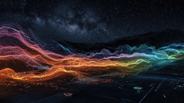 Glowing topographic data streams flow across a dark, starry landscape
