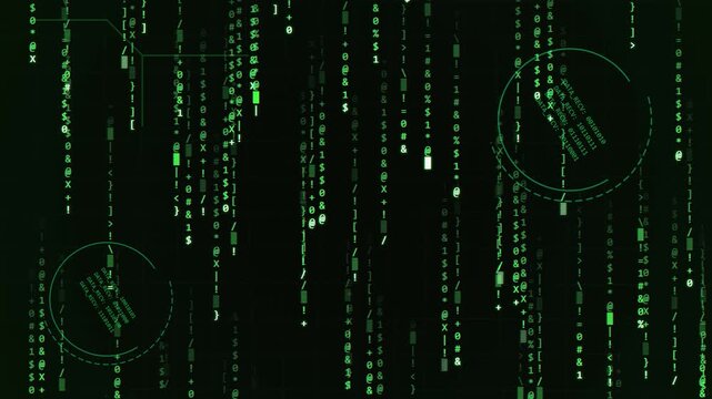 Green digital binary code rain with abstract data HUD scanning elements