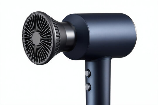 Modern dark blue hair dryer with diffuser nozzle. This professional styling tool uses ionic technology for fast drying and frizz reduction. Compact and ergonomic design fits salon or home use.