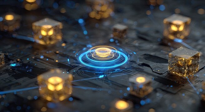 Digital network with glowing cubes and central hub