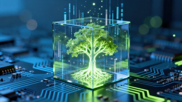 Tree in glass cube on circuit board
