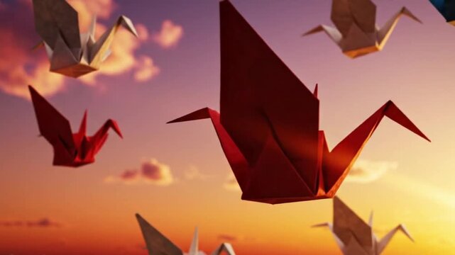 Origami Cranes Flying Towards Sunset Sky, Symbol of Peace and Hope
