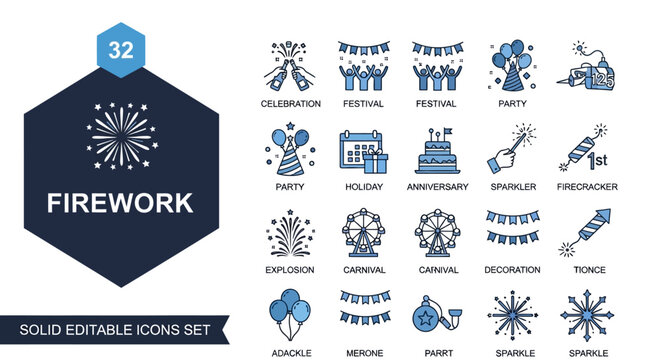 Vibrant Solid Editable Icon Set for Festive Celebrations, Holiday Parties, and Special Events with Firework and Carnival Themes