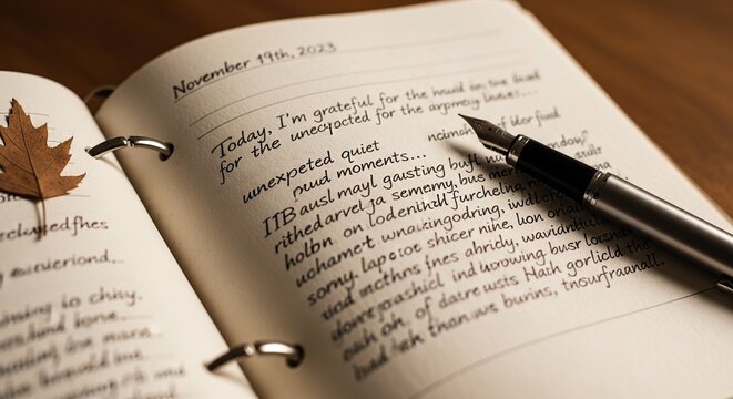 Journal Entry with Pen on a Textured Page with Leaf