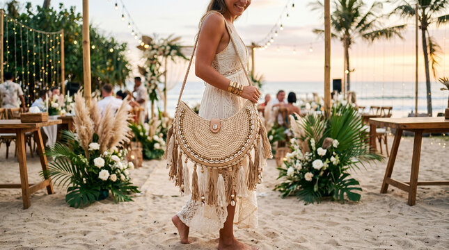 Young woman smiling, enjoying a beach wedding, surrounded by tropical decorations and sunset