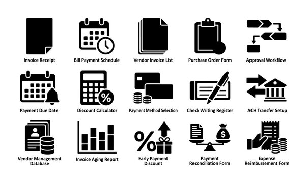 Business Finance Icons: Invoice, Payment, Calculator, Report, Workflow, Database, Expense