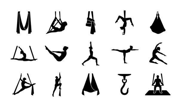 Aerial Yoga Silhouettes, Fitness Poses, Fabric Hammock, Pole Dance, Acrobatics Icons