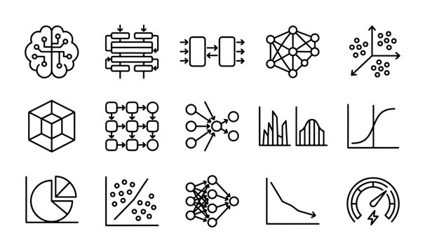 Machine Learning Icons, AI Neural Network & Data Science Vector Set, Technology Concepts