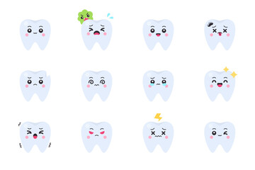 Fototapeta premium Set of cute cartoon tooth characters with various facial expressions on white background