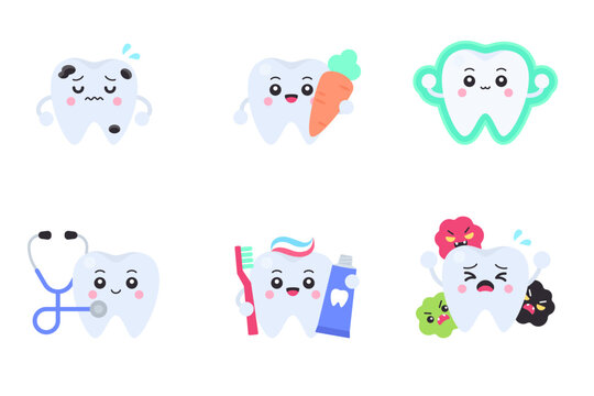 Tooth characters with cavity, carrot, fluoride coating, stethoscope, toothbrush and bacteria attack
