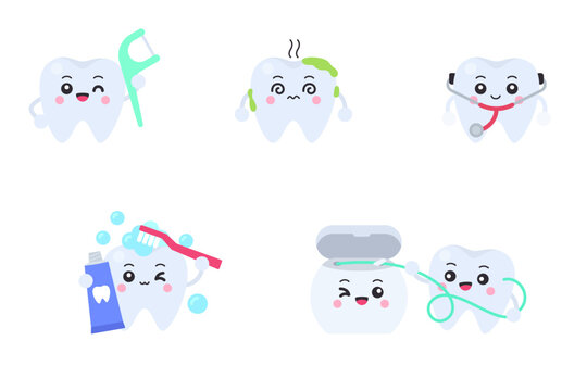 Tooth characters with interdental brush, tartar plaque, stethoscope, toothbrush with toothpaste and dental floss