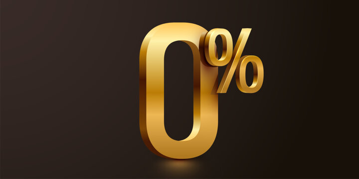 Golden 3D zero percent interest symbol on dark background. Financial promotion and marketing Vector illustration.