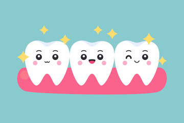 Fototapeta premium Three cute flat cartoon clean sparkling white tooth characters on pink gum on teal background