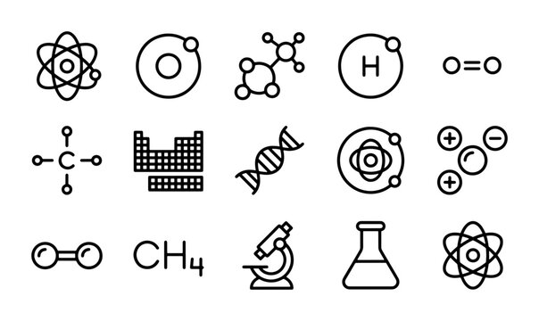 Chemistry Icons Set, Science Symbols Collection, Molecular Structures, Periodic Table, DNA Strand, Laboratory Equipment
