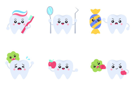 Set of cute cartoon tooth characters with toothbrush, dental mirror, candy, bacteria, apple and boxing gloves on white background