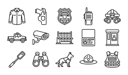 Security Icons Vector Set: Police, Guard, Surveillance, Law Enforcement Equipment, Safety Symbols © DesignHost
