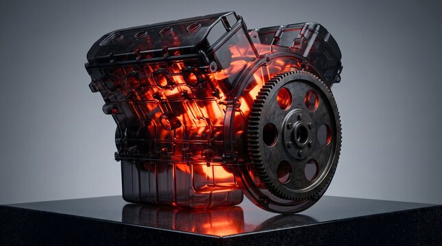 Transparent automotive engine block with glowing red internal combustion and flywheel