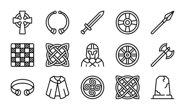 Viking Icons Set: Celtic Knots, Swords, Shields, Axes, Helmets, Spears, Torcs, Capes, Tombstones
