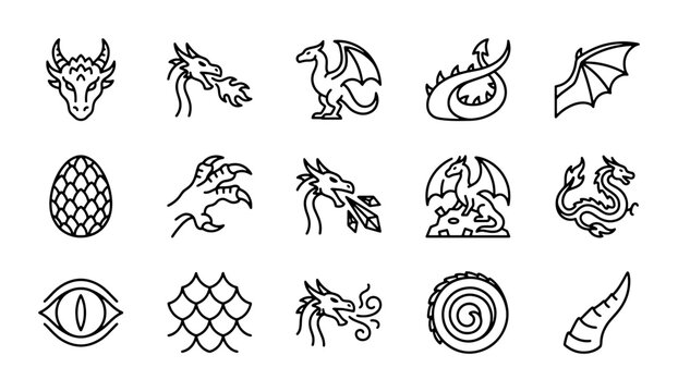 Dragon Icons Set, Mythical Creature Line Art Collection, Fantasy Beast Vector Graphics