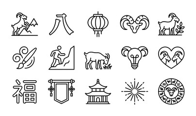 Obraz premium Chinese Zodiac Goat Icons, Lunar New Year Symbols, Vector Art Collection