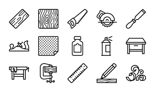 Woodworking Tools Vector Icons, Carpentry Equipment Set, Craftsmanship Symbols, DIY Project Graphics