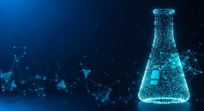 Abstract digital illustration of a glowing Erlenmeyer flask with chemical symbols and molecular structures on a dark background, symbolizing science, chemistry, and technology.