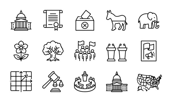 Political Icons Set: Government, Voting, Election Symbols, USA Map, Law, Advocacy