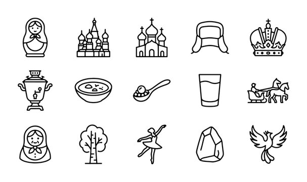 Russian Icons Set: Matryoshka, Kremlin, Samovar, Ballet Dancer, Phoenix Bird, 15 Vector Elements