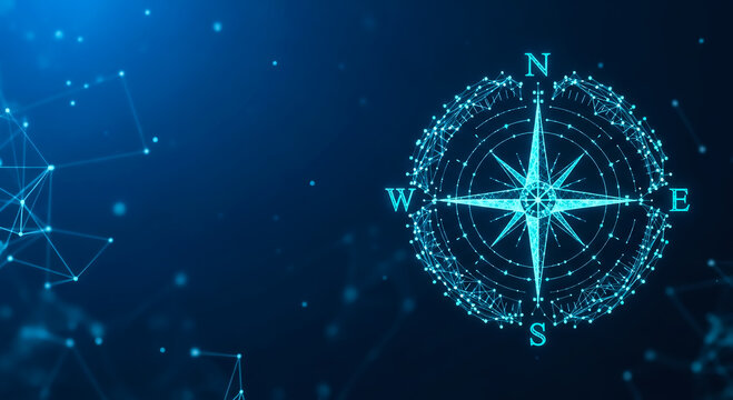 A futuristic digital compass with a glowing effect set against a dark blue background, symbolizing navigation and direction.