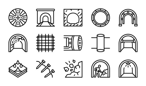 Tunnel Construction Icons Set, Underground Passage Vector Graphics, Mining Engineering Symbols